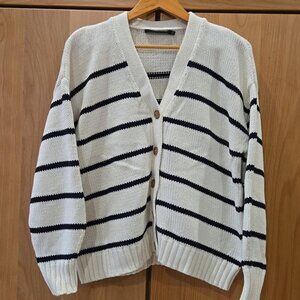Jenni Kayne Chloe Navy and Cream Striped Cardigan, Coastal California Chic, VGUC